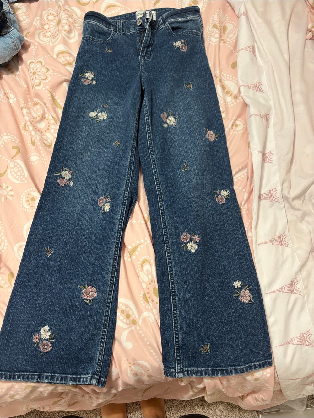 abercrombie kids Dark Blue Wide Leg Jeans with Pink & Cream Floral Embroidery